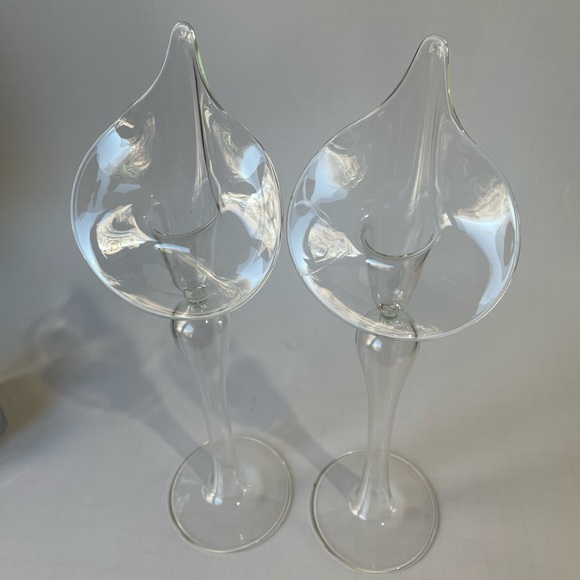 Vintage hand blown Calla Lilly glass candle holders clear Jack in the Pulpit S/2 - Picture 9 of 10
